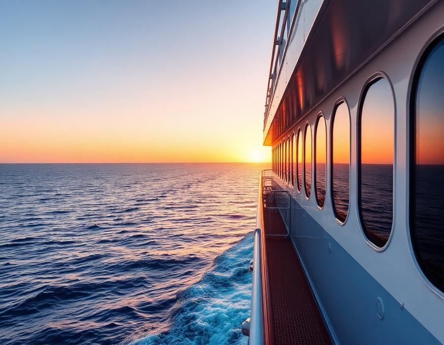 Ferry crossing a calm sea at sunrise